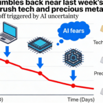 Bitcoin retreats toward last week’s floor as AI worries hit tech and metals markets tumble.