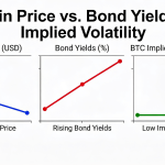Bitcoin is declining while bond yields climb, yet BTC implied volatility—an indicator of uncertainty—stays subdued.